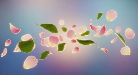 A colorful abstract background featuring pink and green petals and leaves against a gradient blue and purple backdrop.