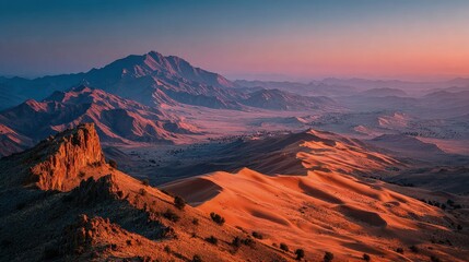Obraz premium Drone shot overlooking a vast desert with rolling dunes scenic landscape under a deep blue twilight sky