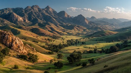 Panoramic view of rolling green hills leading to jagged mountain ranges scenic landscape with soft morning light and grazing deer