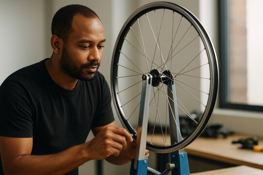 Focused man adjusting bicycle wheel spokes in workshop with soft light and minimal background for a creative mechanical concept image. Ai generative