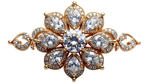 Gold flower brooch with radiant faceted crystals on black background