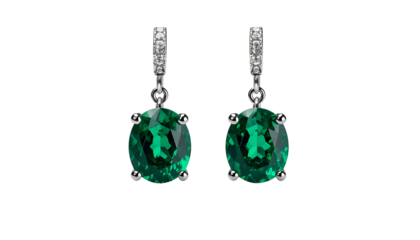 Emerald earrings, silver with diamond accents, isolated, dark background