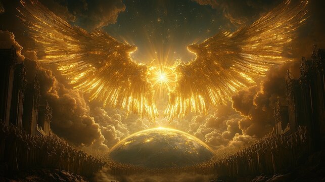 Heavenly golden angel wings spreading light above earth with celestial clouds and divine glow in mystical fantasy atmosphere