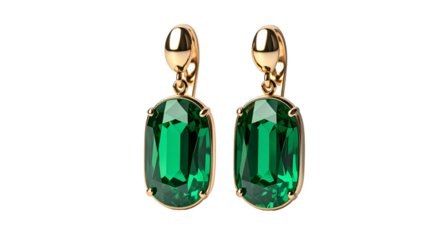 Emerald earrings dangle, gold clasps, refined and elegant