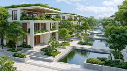 Fototapeta premium Sustainable Housing Trend Concept. Modern architecture surrounded by greenery and water features in a serene landscape setting.