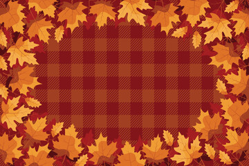 fall leaves background frame with brown plaid pattern seasonal elements autumn theme flat design vector illustration