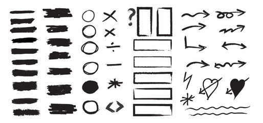 Collection of hand drawn sketchy elements including brushes circles squares arrows hearts and mathematical symbols