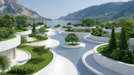 Sustainable Housing Trend Concept. Modern landscape design featuring winding waterways and greenery amid mountains.