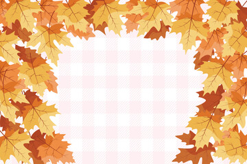 fall leaves background border with pink plaid pattern seasonal elements autumn theme flat design vector illustration