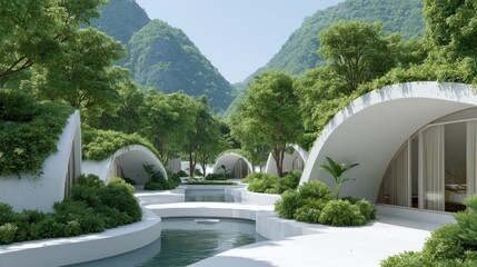 Sustainable Housing Trend Concept. A serene modern landscape featuring unique architecture amidst lush greenery.