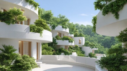 Sustainable Housing Trend Concept. Modern architecture featuring circular structures adorned with greenery in a bright, serene setting.