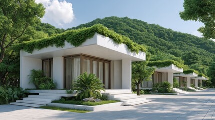 Sustainable Housing Trend Concept. Modern architectural buildings surrounded by lush greenery and hills under a clear sky.