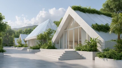Sustainable Housing Trend Concept. Modern architectural structures surrounded by lush greenery and a clear sky.
