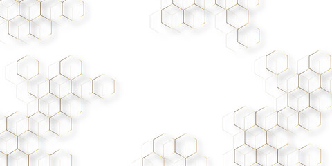 Abstract hexagon white background with shadow .golden background Futuristic blue neon honeycombs. Modern technology design. Vector illustration.	