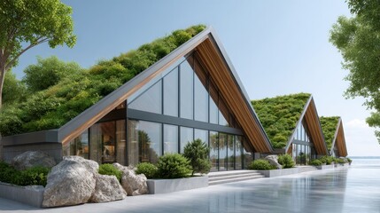 Sustainable Housing Trend Concept. Modern eco-friendly architecture with glass and wooden elements by a serene water body.