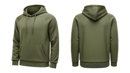 An isolated plain olive green casual hoodie, showcasing both front and back views, with a drawstring hood and large pocket, transparent png.
