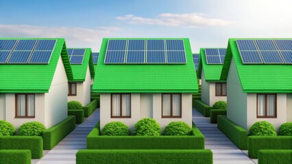 Sustainable Housing Trend Concept. Sustainable houses with solar panels and greenery in a modern neighborhood.