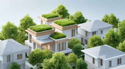Sustainable Housing Trend Concept. Modern sustainable houses with green roofs surrounded by trees and greenery.