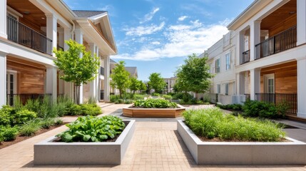 Sustainable Housing Trend Concept. Modern courtyard with greenery and residential buildings under a bright sky.