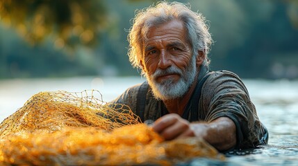 Elderly fisherman holding net in serene river at sunset, traditional fishing, lifestyle, outdoor adventure, nature, rural scene