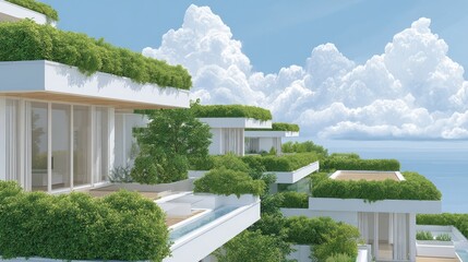 Sustainable Housing Trend Concept. Modern architecture featuring green terraces and a serene water view under a cloudy sky.