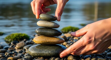 Balancing Act: Hands Stacking Smooth Stones on Pebble Beach, Serene Water Backdrop
