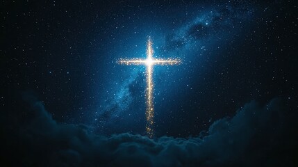 Luminous christian cross shining in night sky with clouds and stars, spiritual light, faith, hope, religion, divine inspiration