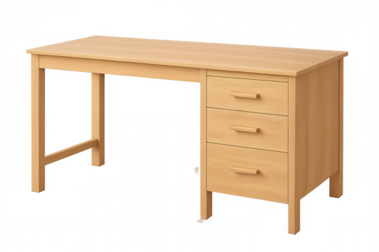 Empty light brown wooden desk with three storage drawers, furniture for home or office, transparent background