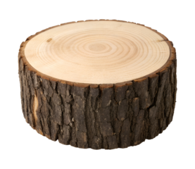 A natural round wood slice shows its rough bark and clear annual growth rings, isolated on a transparent png background.