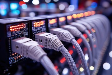 Network cables connected to servers with led indicators in modern data center technology communication infrastructure