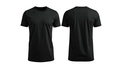 Front and back views of a solid black, short-sleeved, crew-neck t-shirt against a black backdrop