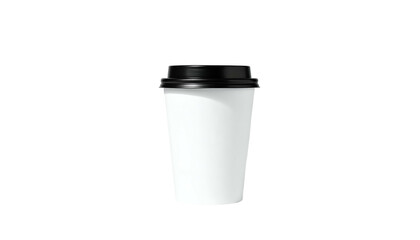 Isolated white paper cup with a black lid against a black background