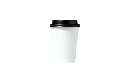 Isolated white paper cup with a black lid against a black background