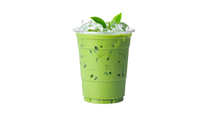 A cold matcha beverage in a clear plastic cup, topped with ice and fresh leaves