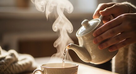 Steaming Tea Pour: Cozy Moment with Teapot, Cup, and Warm Light