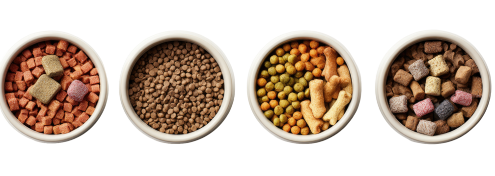 Four white bowls filled with different types of dog food