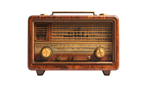 Vintage wooden radio, golden knobs and front, antique look