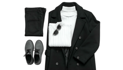 Flat lay of folded clothes, coat, sunglasses, and shoes on black