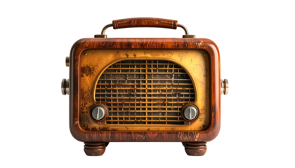 Aged, rustic wooden radio with knobs & grill on a black background