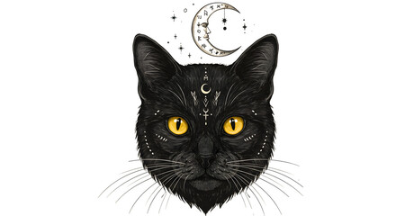 Mystical black cat with crescent moon and stars