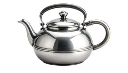Gleaming metal teapot; curved spout, arched handle