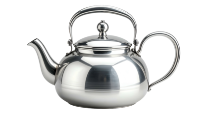 Shiny silver teapot with round body, spout, handle, and lid