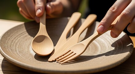 Wooden Cutlery Arrangement: Hands Placing Fork on Plate, Natural Light.