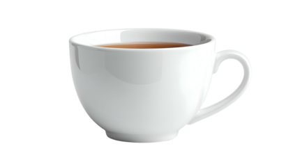 White ceramic mug filled with dark liquid, against a black background