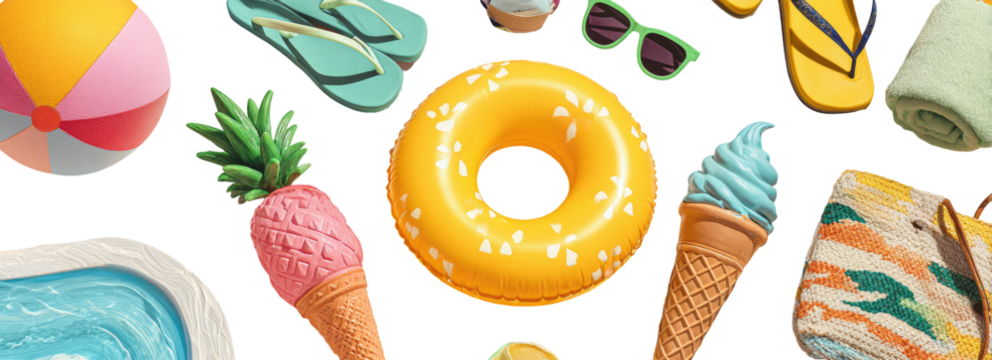 Summer fun collage. Colorful beach items including a beach ball, flip-flops, sunglasses, a donut float, ice cream, a pineapple, and a swimming pool