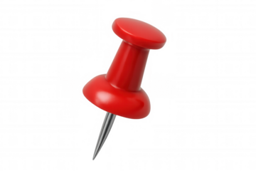 Red pushpin symbolizing a crucial office supply, fastening tool, or significant memo, showcased against a clear backdrop