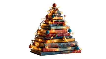 Artistic Christmas tree made of stacked colorful books, decorated with fairy lights and baubles, isolated on white background