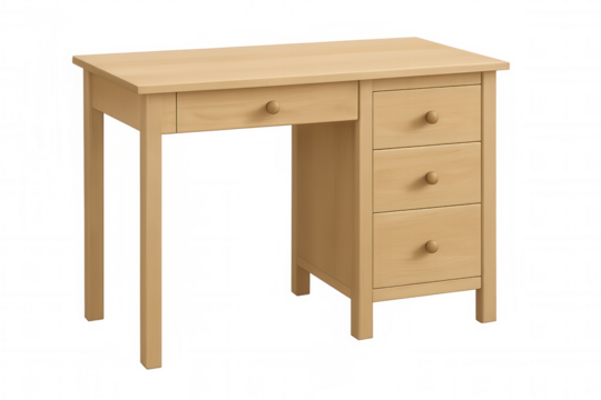 Wooden office desk finding workspace and business concept, workstation furniture with light wood finish and drawers isolated