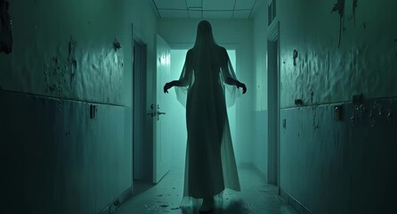 Ghostly Silhouette Figure Standing in Dark Abandoned Hospital Hallway - Powered by Adobe