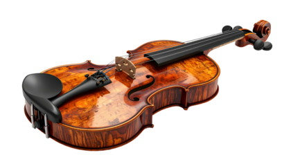 Polished violin with detailed grain, elevated view, black background